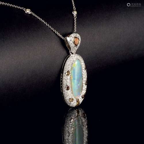 An Opal Diamond Pendant on Diamond Necklace in the Style of ...