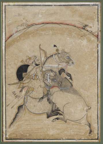A MUGHAL MINIATURE, WILD BOAR ATTACKING A RIDER ON A HORSE, ...