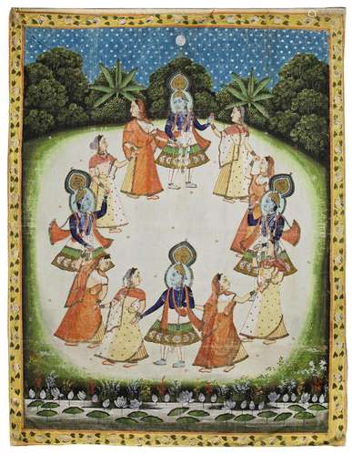 KRISHNA DANCES IN THE RASLILA WITH GOPIS ON TEXTILE, INDIAN ...