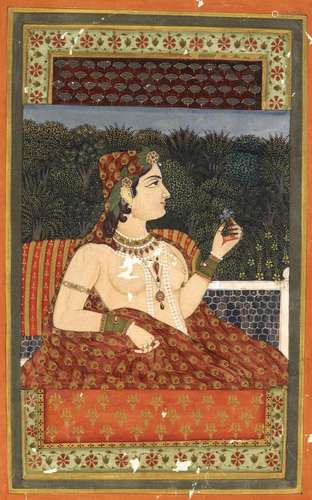 A PRINCESS SEATED ON A TERRACE OVERLOOKING THE GARDEN, RAJAS...