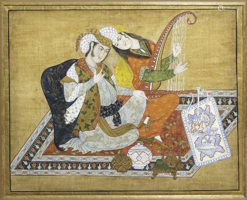 A SAFAVID STYLE PAINTING OF A COUPLE ON TEXTILE, PERSIA, QAJ...