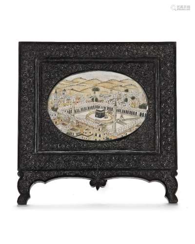 A VIEW OF MECCA IN INDIAN WOODEN FRAME, 20TH CENTURY