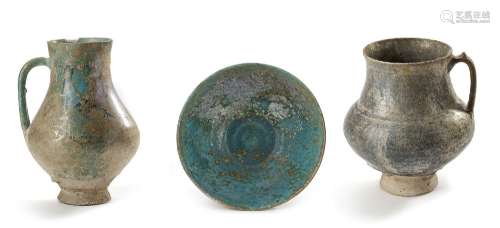 A GROUP OF TWO KASHAN TURQUOISE GLAZED JUGS AND A BOWL, PERS...