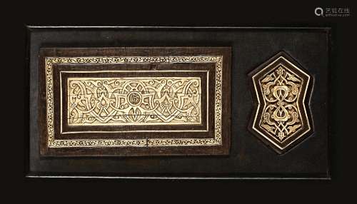 TWO MAMLUK STYLE CARVED BONE EBONY-MOUNTED PANELS, 19TH CENT...