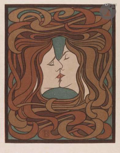 *Peter Behrens (1868-1940)Le Baiser. 1898. Bois gravé. 215 x...