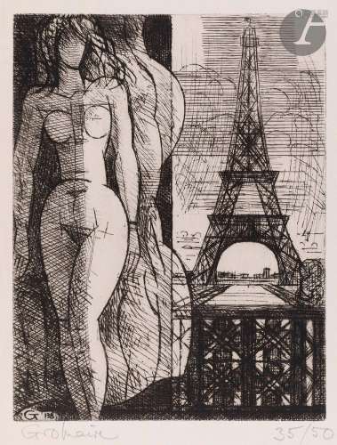 *Marcel Gromaire (1892-1971)Nu à la tour Eiffel. 1952. Eau-f...