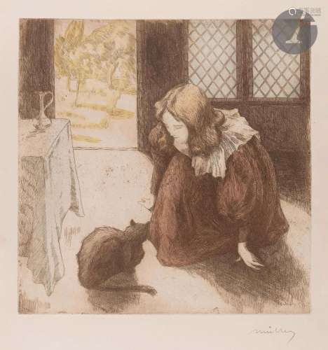 Alfredo Müller (1869-1939)La Petite fille au chat. 1897. Eau...