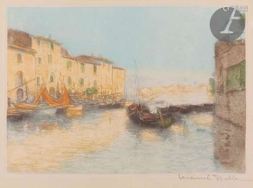 Manuel Robbe (1872-1936)Barques dans un port méditerranéen. ...