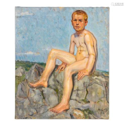 SCHMITT, AUGUST LUDWIG (1882-1936), "Knabenakt auf Fels...