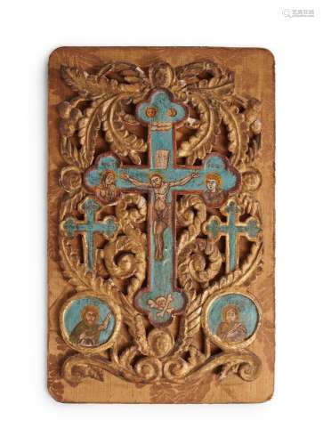 Icône de la Crucifixion.<br />
Stuc peint	et or sur bois.<br...