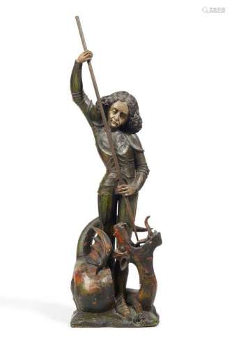 Saint Georges terrassant le Dragon en bois sculpté et polych...
