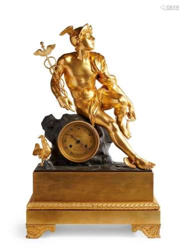 Pendule en bronze doré et bronze patiné représentant Hermès ...