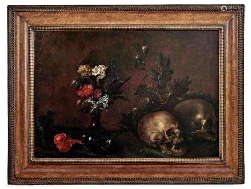 Vanitas-Stillleben mit Totenschädeln und Blumen, Italien, 17...