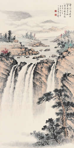 黄君璧 1980年作 松瀑图 设色纸本 立轴