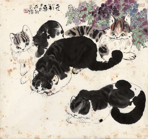 谭昌镕 1983年作 猫趣图 设色纸本 镜心