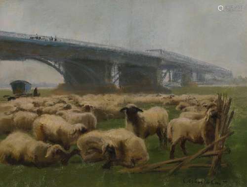 Carl Weißgärber, "Schafherde unter Rheinbrücke"