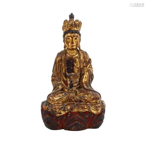 Figur eines Guanyin. Holz mit vergoldeter Lackfassung, CHINA...