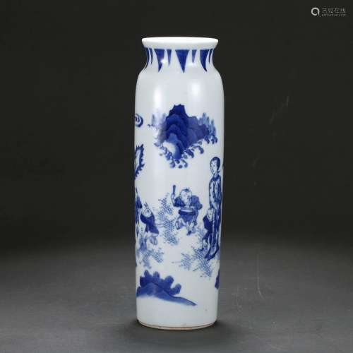 A BLUE AND WHITE 'FIGURES' BRUSHPOT