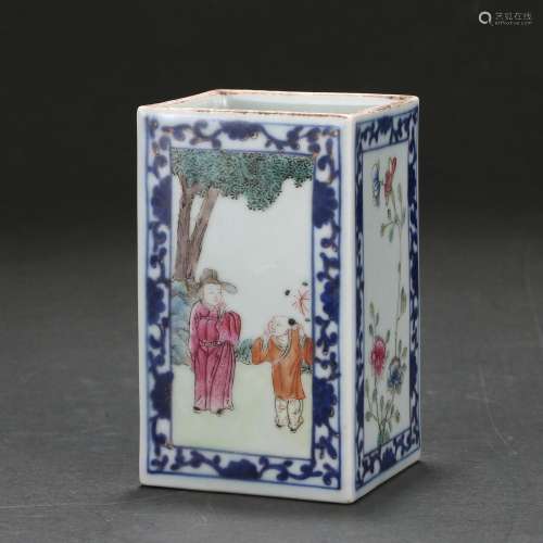 A FAMILLE-ROSE 'FIGURES' SQUARED BRUSHPOT
