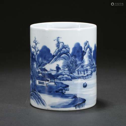 A BLUE AND WHITE 'LANDSCAPE' BRUSHPOT