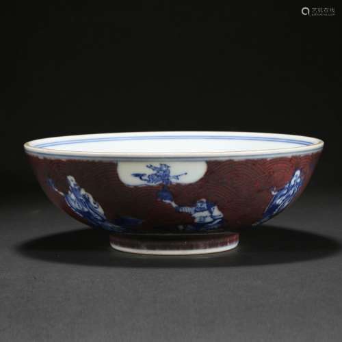 A BLUE AND WHITE AND COPPER RED 'FIGURES' BOWL