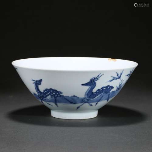A BLUE AND WHITE ' DEER' BOWL