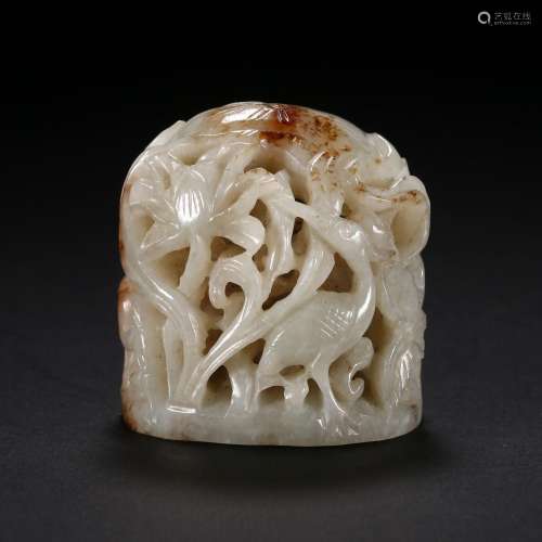 A WHITE AND RUSSET JADE INCENSE BURNER COVER