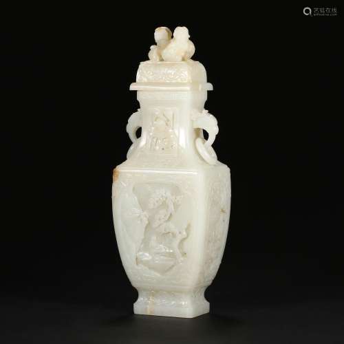 A WHITE JADE 'LANDSCAPE AND FIGURES' VASE