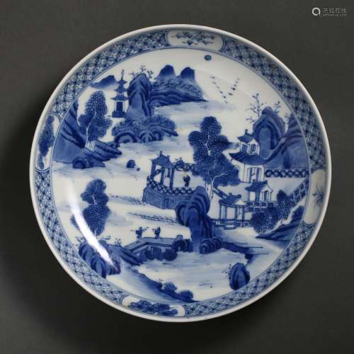 A BLUE AND WHITE 'LANDSCAPE' DISH