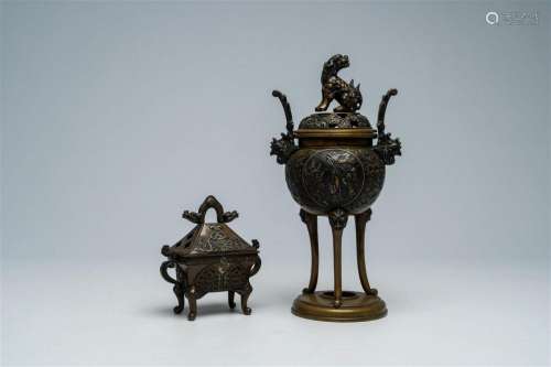 Two Japanese bronze incense burners with relief design, Meij...