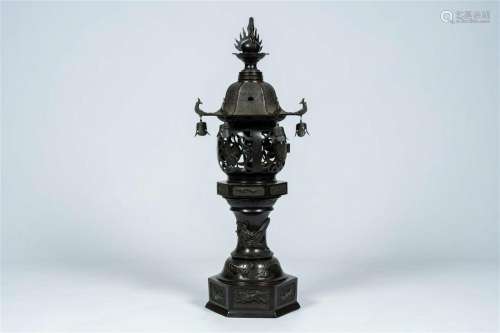 A large Japanese bronze pagoda-shaped bronze garden lantern,...