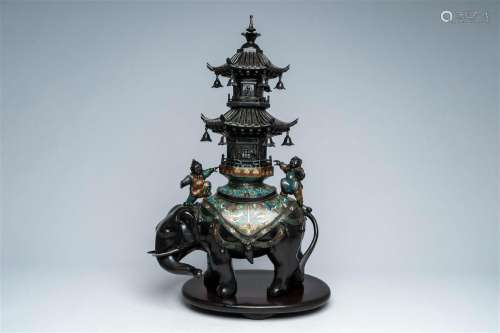 A large Japanese champlevé bronze group with an elephant bea...