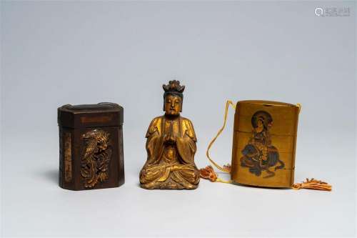 Two Japanese lacquered inro and a Chinese gilded wooden Budd...