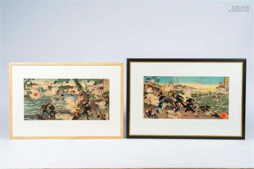 Two three-part Japanese Ukiyo-e woodblock prints depicting s...