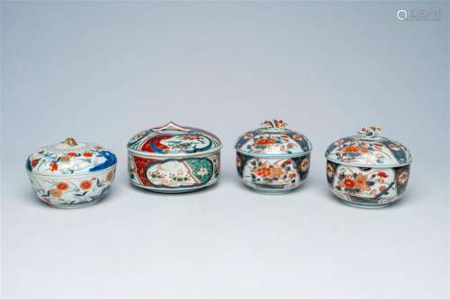 Four Japanese Imari and Kakiemon style bowls and covers with...