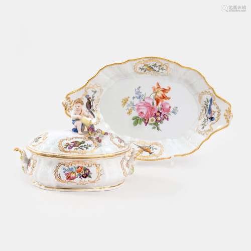 A Small Lidded Tureen on Presentoir with Dulong Relief.