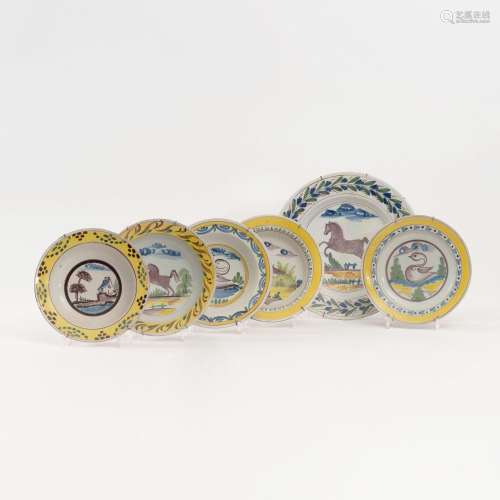 A Set of 5 Faience Plates and 1 Faience Dish.