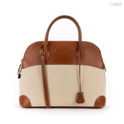 Hermes Toile H Canvas and Tan Barenia Leather Bolide 35