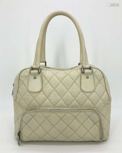 Chanel Paris New York Cream Distressed Bowling Tote