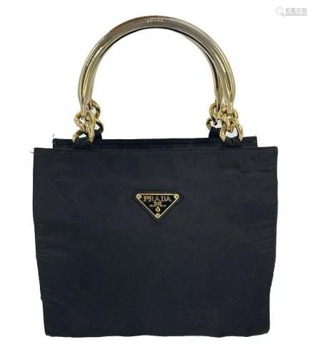 Prada Vintage Black Nylon Gold Top Handle Bag