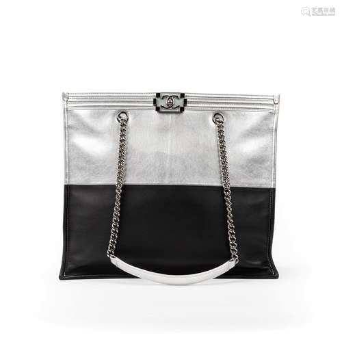 Chanel Black/Metalized Silver Calfskin Large Boy Tote