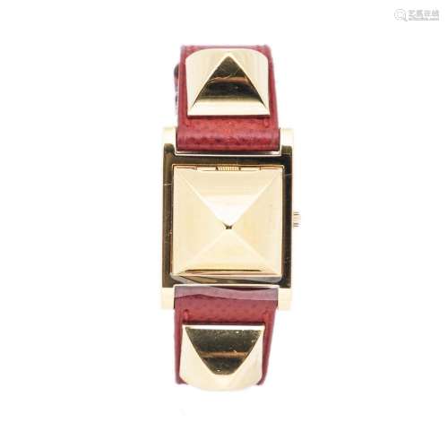 Hermes Gold-Plated Brass and Leather Medor Stud Watch