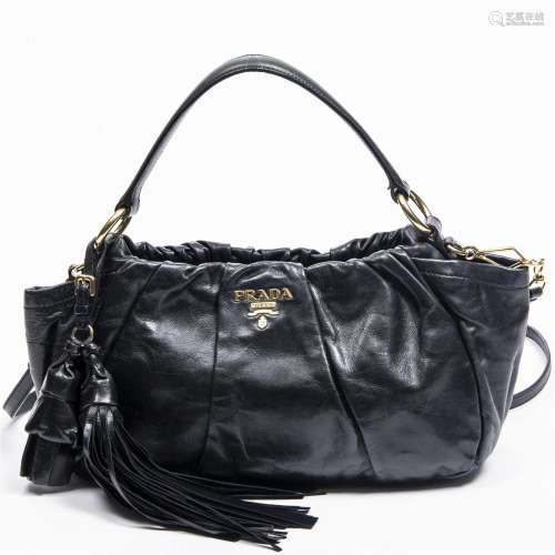 Prada Black Leather Side Pocket Tassel Shoulder Bag