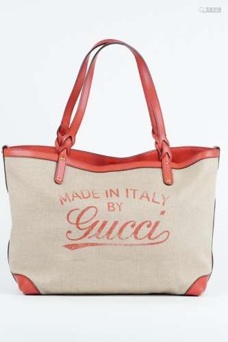 Gucci Beige Canvas and Red Leather Craft Tote