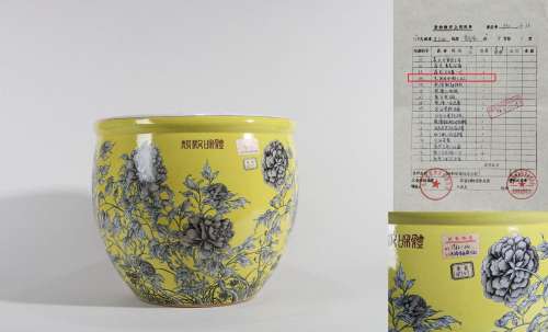 CHINESE PORCELAIN YELLOW GROUND INK PAINTED FLOWER FISH BOWL