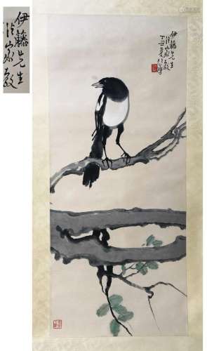 CHINESE SCROLL PAINTING OF BIRD ON TREE SIGNED BY XU BEIHONG