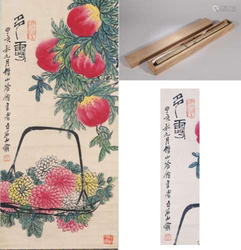 CHINESE SCROLL PAINTING OF PEACH IN BASKET SIGNED BY QI BAIS...