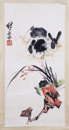CHINESE SCROLL PAINTING OF RABBIT AND ORCHID SIGNED BY LIU J...