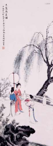CHINESE SCROLL PAINTING OF BEAUTY IN GARDEN SIGNED BY FENG C...