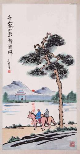 CHINESE SCROLL PAINTING OF HORSEMAN BY LAKE SIGNED BY FENG Z...